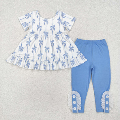 Sibling Baby Girls Bows Flowers Tunic Leggings Pant Ruffle Sleeves Clothes Sets