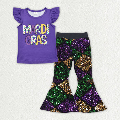 Sibling Baby Girls Mardigras Top Sequin Checked Bell Bottom Pants Clothes Sets