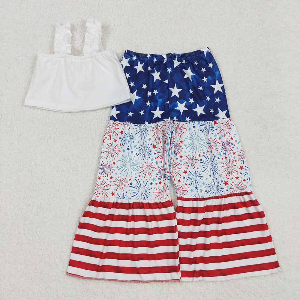 4th of July Straps Crop Top Blue Star bell bottom pants set GSPO1959