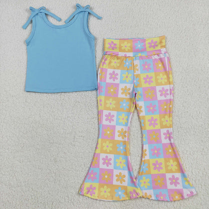 Sibling Baby Girls Blue Top Flowers Rompers Summer Outfits Sets