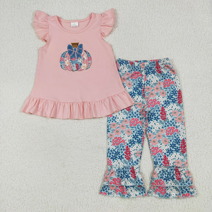 Sibling Embroidery Baby Girls Pink Floral Pumpkin Rompers Dresses Outfits