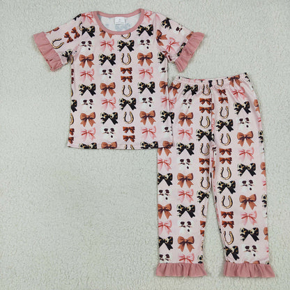 Sibling Baby Girls Pink Western Bows Horse Shoes Rompers Pajamas