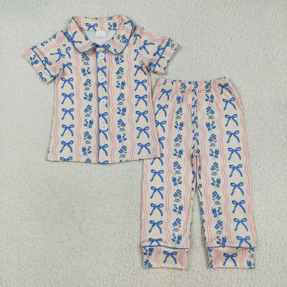 Sibling Baby Girls Blue Bows Flower Stripe Rompers Pajamas Sets