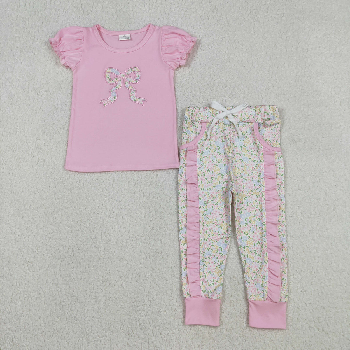GSPO2060 Baby Girls Embroidery Floral Bows Top Pockets Joggers Clothes Sets