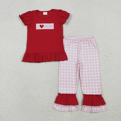 Sibling Baby Boys Girls Embroidery I Love Dad Mom Checked Red Shirt Pants Clothes Sets