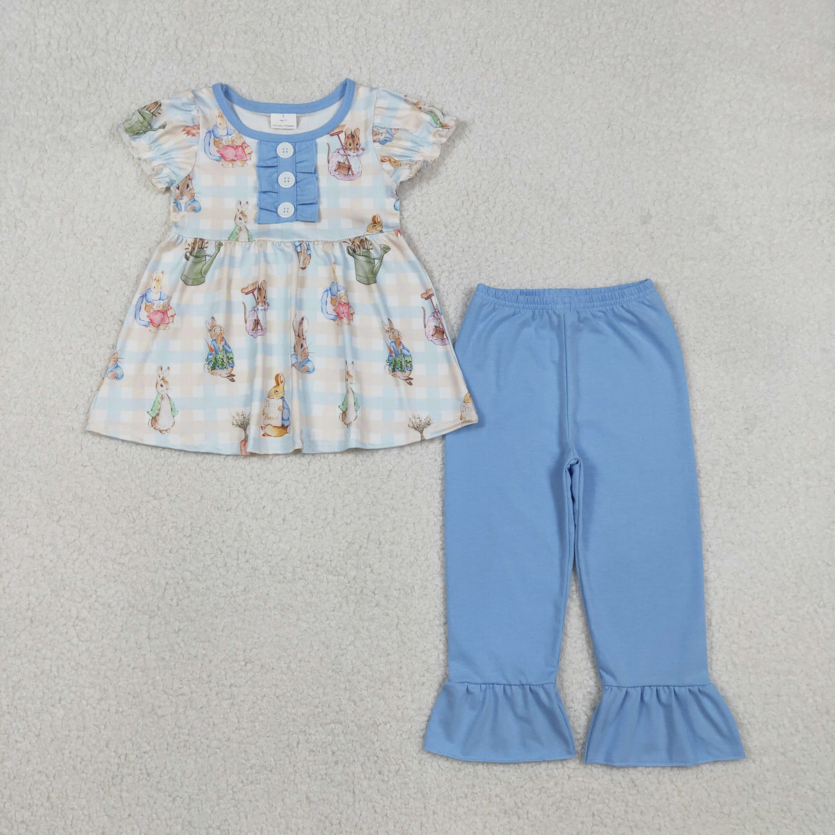 GSPO2094 Baby Girls Rabbits Flowers Checked Button Tunic Ruffle Pants Easter Clothes Sets