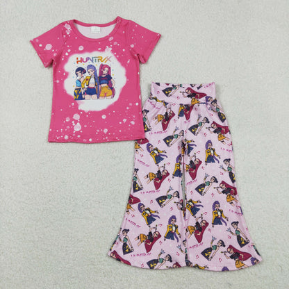 Sibling Baby Girls Short Sleeve Cartoon Demon Hunter Top Bell Bottom Pants Clothes Sets