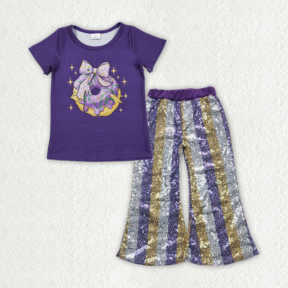 Sibling Baby Girls Mardigras Top Sequin Stripe Flare Pants Clothes Sets