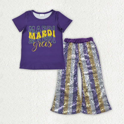 Sibling Baby Girls Mardigras Top Sequin Stripe Flare Pants Clothes Sets