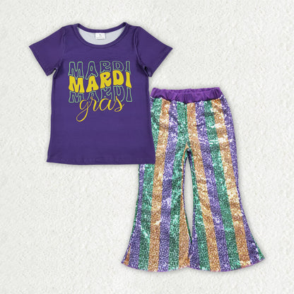 Sibling Baby Girls Mardigras Top Sequin Stripe Flare Pants Clothes Sets