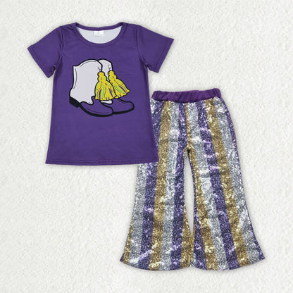 Sibling Baby Girls Mardigras Top Sequin Stripe Flare Pants Clothes Sets