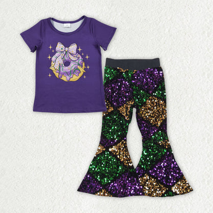 Sibling Baby Girls Mardigras Top Sequin Checked Bell Bottom Pants Clothes Sets