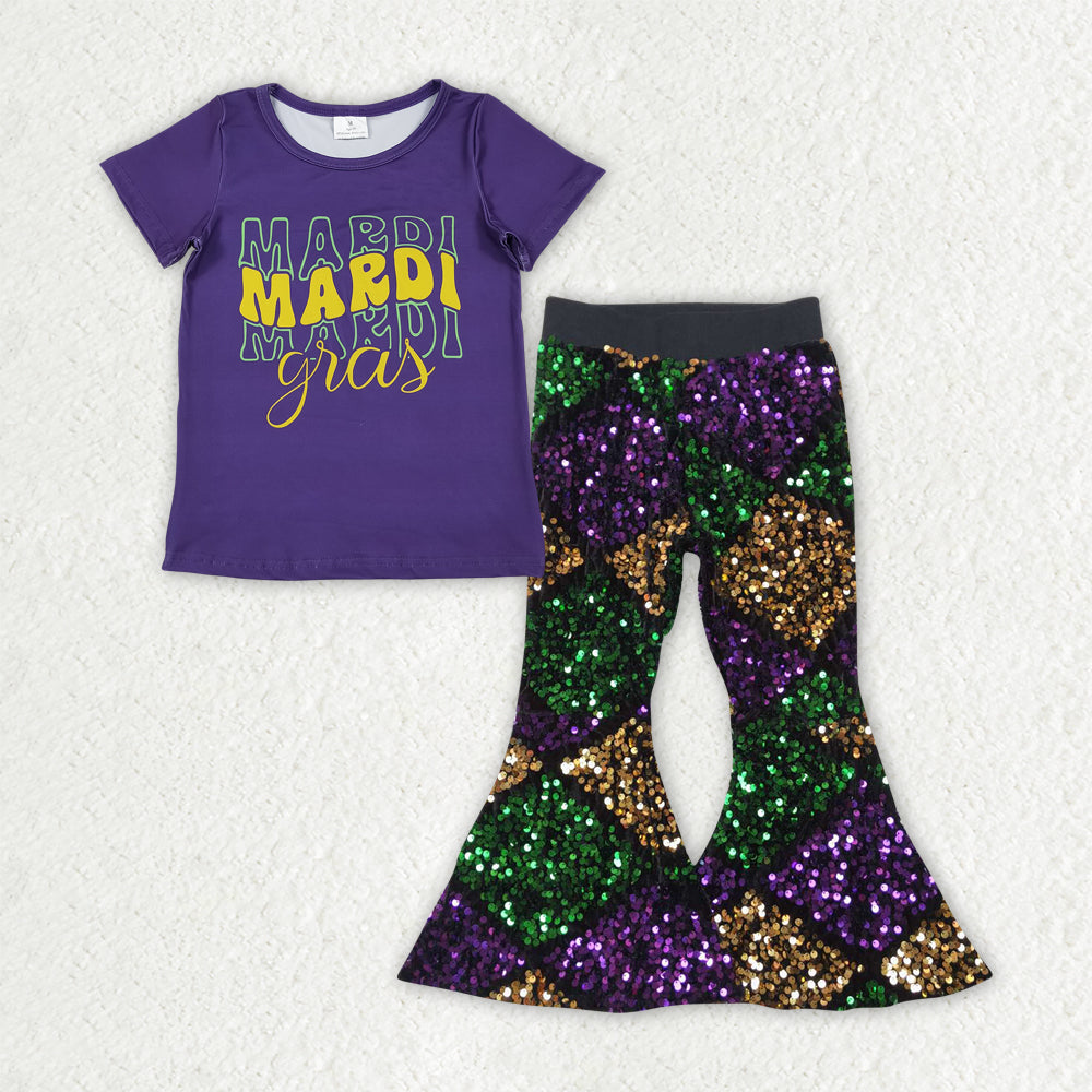 Baby Girls Purple Shirts Top Sequin Bell Bottom Pants Mardigras Clothes Sets
