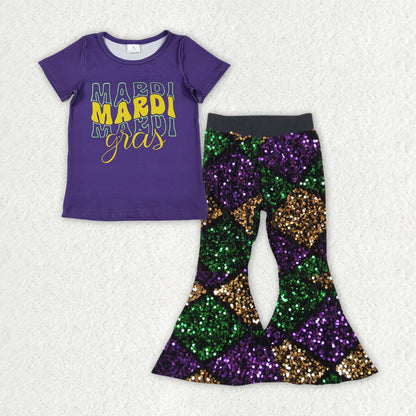 Sibling Baby Girls Mardigras Top Sequin Checked Bell Bottom Pants Clothes Sets