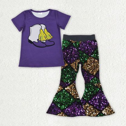 Sibling Baby Girls Mardigras Top Sequin Checked Bell Bottom Pants Clothes Sets