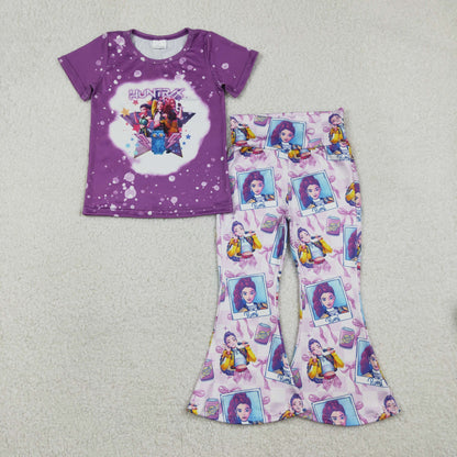 Sibling Baby Girls Short Sleeve Cartoon Demon Hunter Top Bell Bottom Pants Clothes Sets