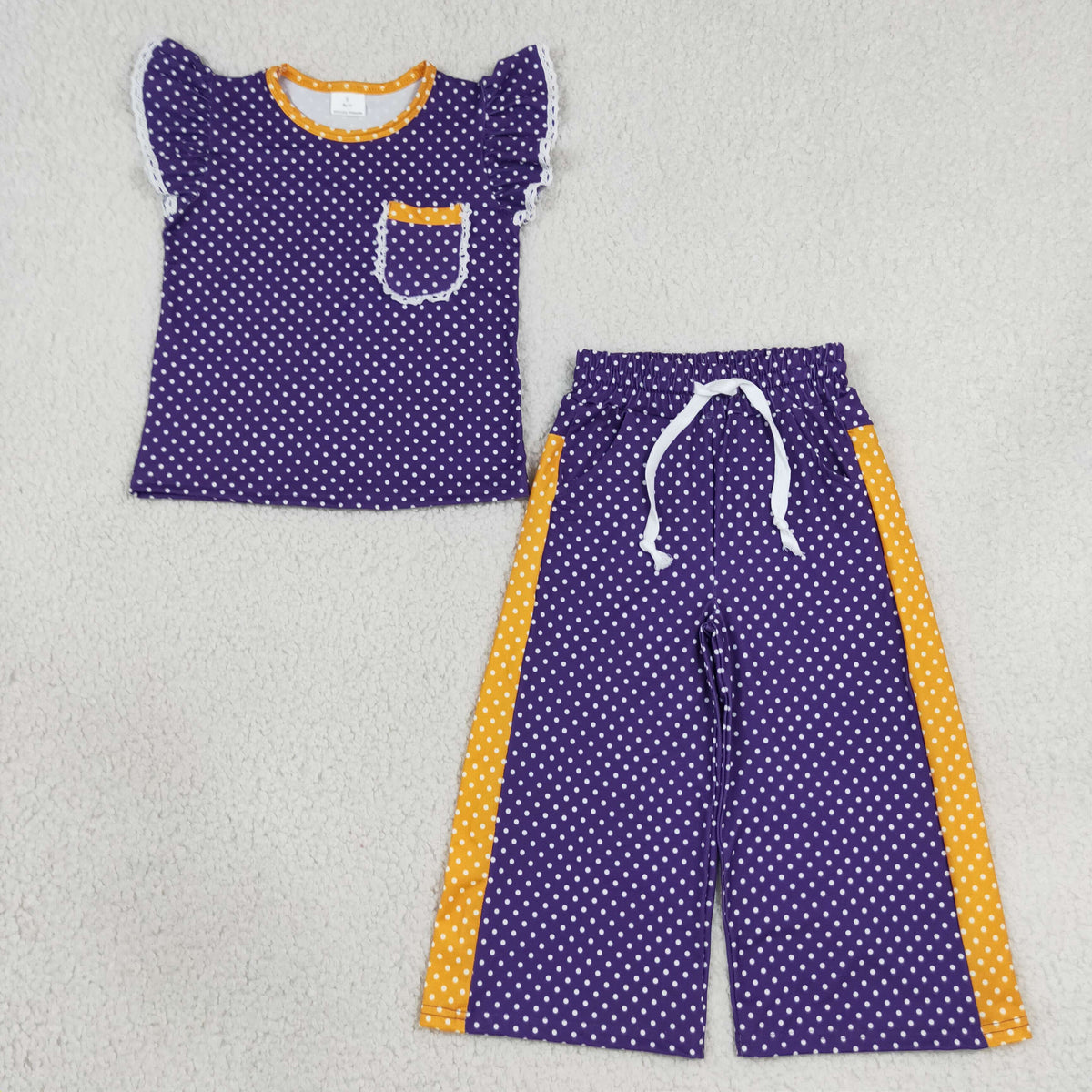 GSPO2366 Baby Girls Purple Polka Dots Pocket Flutter Sleeve Top Flare Pant Clothes Set