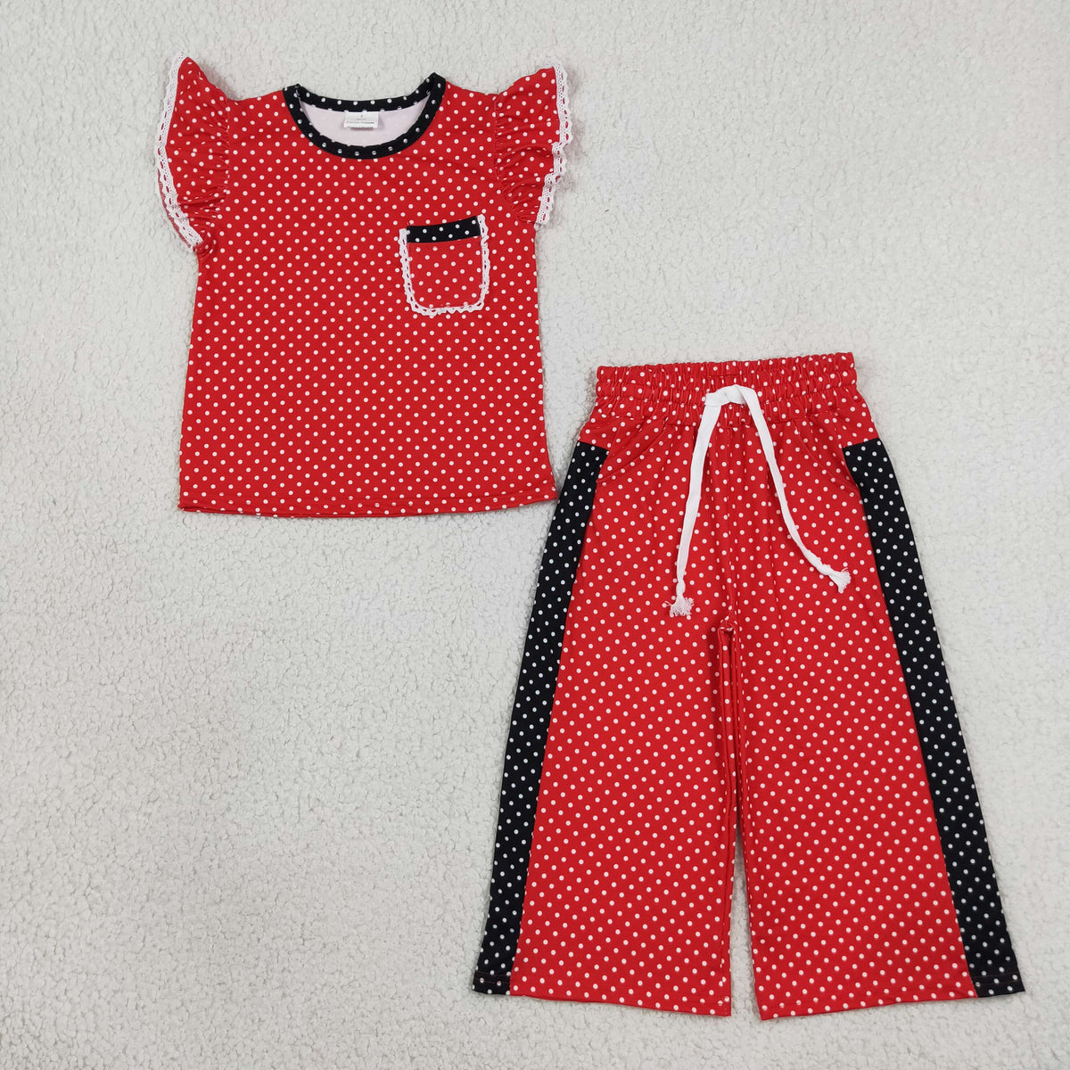 GSPO2370 Baby Girls Red Polka Dots Pocket Flutter Sleeve Top Flare Pant Clothes Set