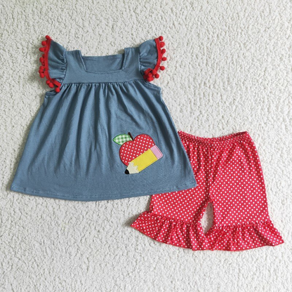 Sibling Baby Girls Pencils ABC Apples Back To School Shorts Clothes Set Dresses