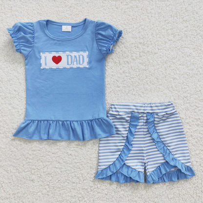 Sibling Baby Girls Embroidery I Love Dad Top Ruffle Shorts Clothes Set