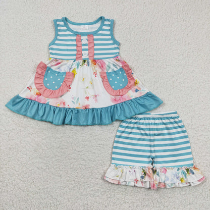 Sibling Baby Girls Sleeveless Bows Lemons Pockets Button Tunic Ruffle Shorts Set
