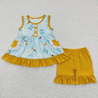 Sibling Baby Girls Sleeveless Bows Lemons Pockets Button Tunic Ruffle Shorts Set