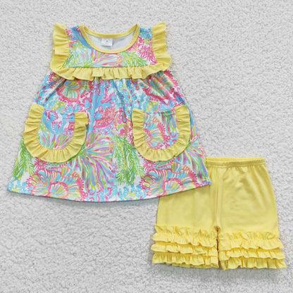 Sibling Baby Girls Sleeveless Watercolor Floral Tunic Ruffle Shorts Set