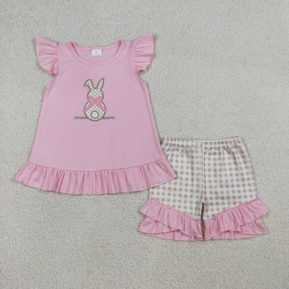 Sibling Baby Kids Embroidery Rabbits Top Checked Short Easter Clothes Sets