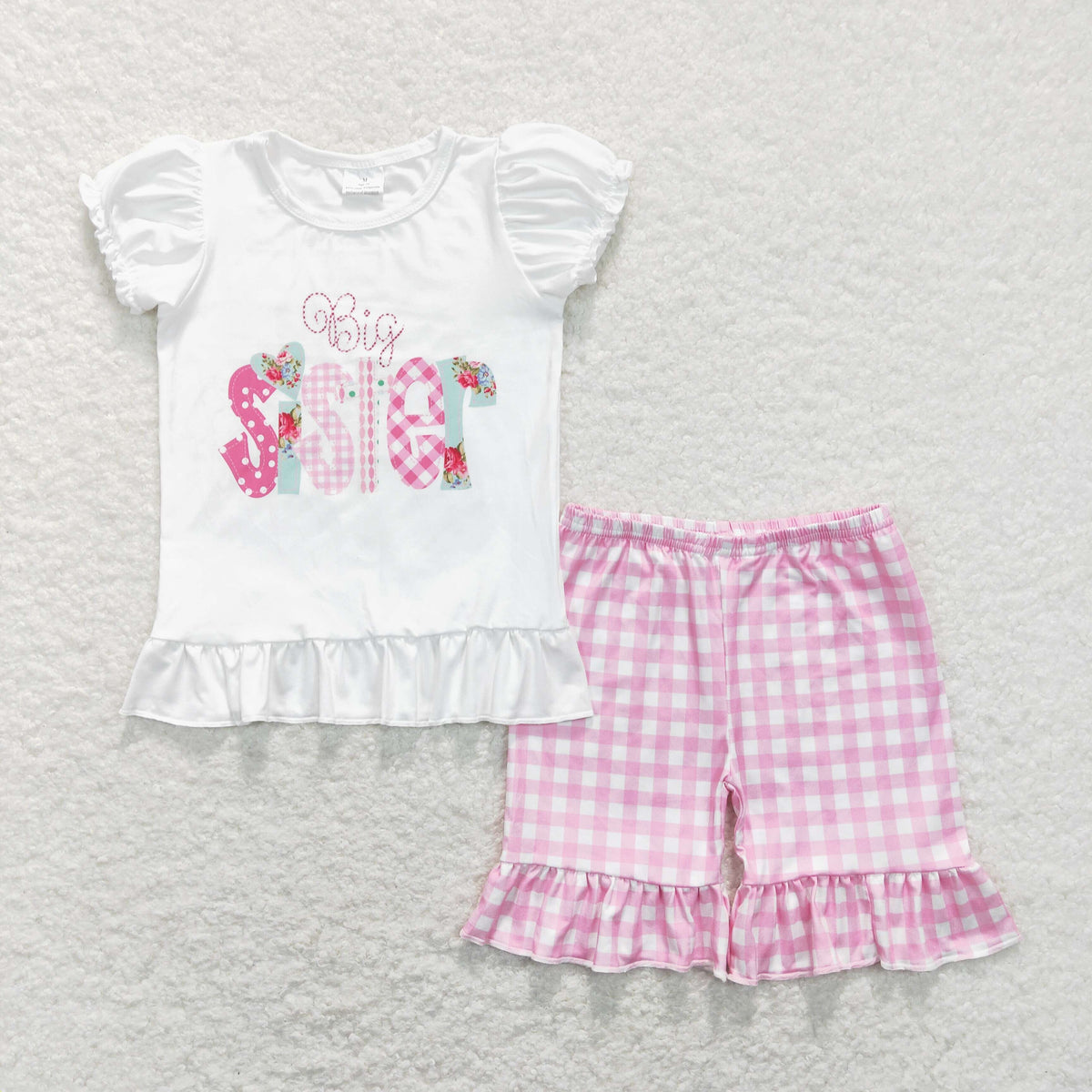 Sibling Baby Girls Little Big Sister Tee Shirts Ruffle Plaid Shorts Clothes Sets