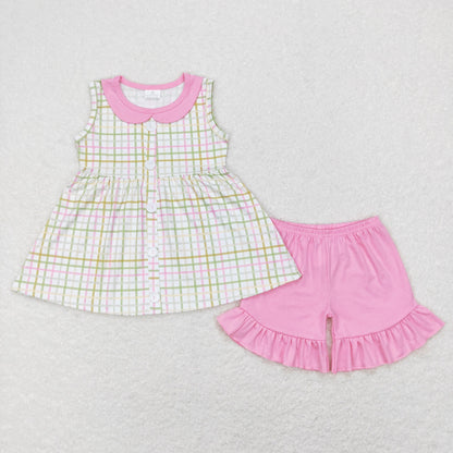 Sibling Baby Girls Sleeveless Bows Floral Button Tunic Ruffle Shorts Set