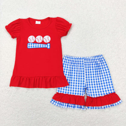 Sibling Baby Girls Embroidery Baseballs Summer Shorts Sets Clothes Sets