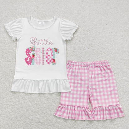 Sibling Baby Girls Little Big Sister Tee Shirts Ruffle Plaid Shorts Clothes Sets