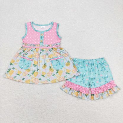 Sibling Baby Girls Sleeveless Bows Lemons Pockets Button Tunic Ruffle Shorts Set
