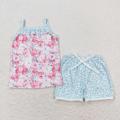Sibling Baby Girls Straps Floral Top Shorts Summer Clothes Sets