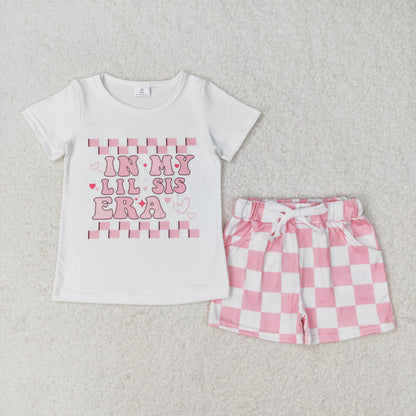 Sibling Baby Girls Little Big Sister Tee Shirts Ruffle Plaid Shorts Clothes Sets