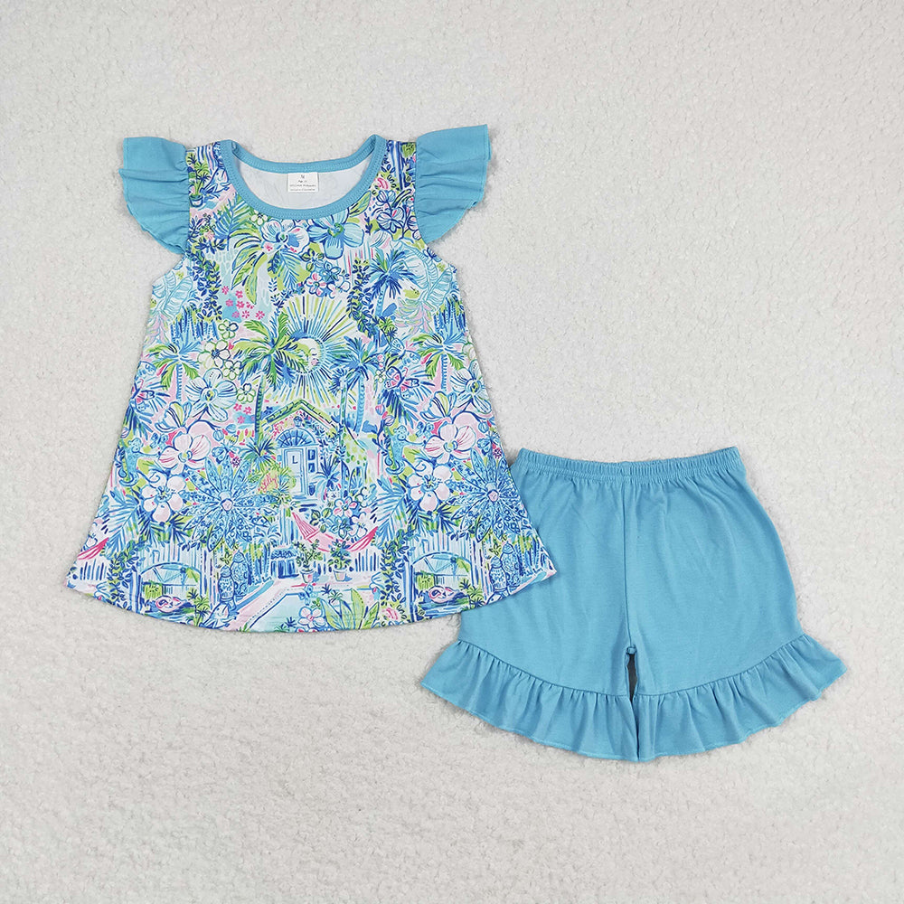 Sibling Baby Girls Sea Flowers Tunic Ruffle Shorts Outfits