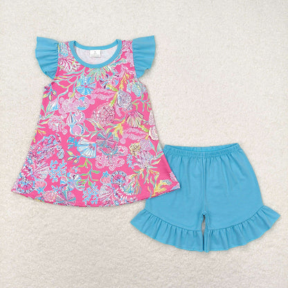 Sibling Baby Girls Sea Flowers Tunic Ruffle Shorts Outfits