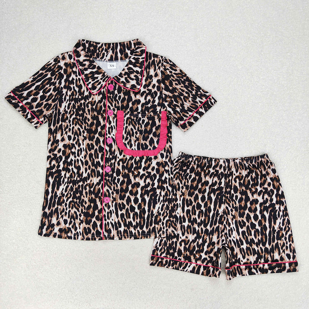 Sibling Adult Women Bows Leopard Pocket Buttons Tops Shorts Pajamas Sets