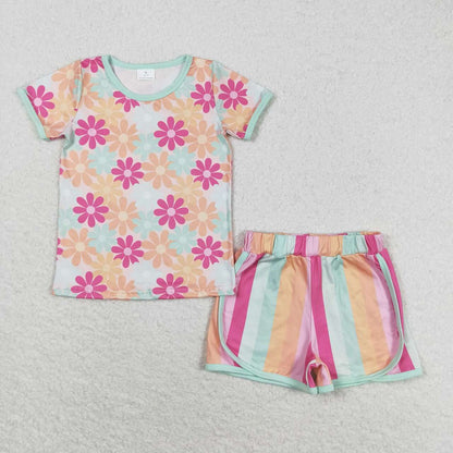 Sibling Baby Girls Short Sleeve Colorful Flowers Cactus Top Shorts Pajamas Clothes Sets