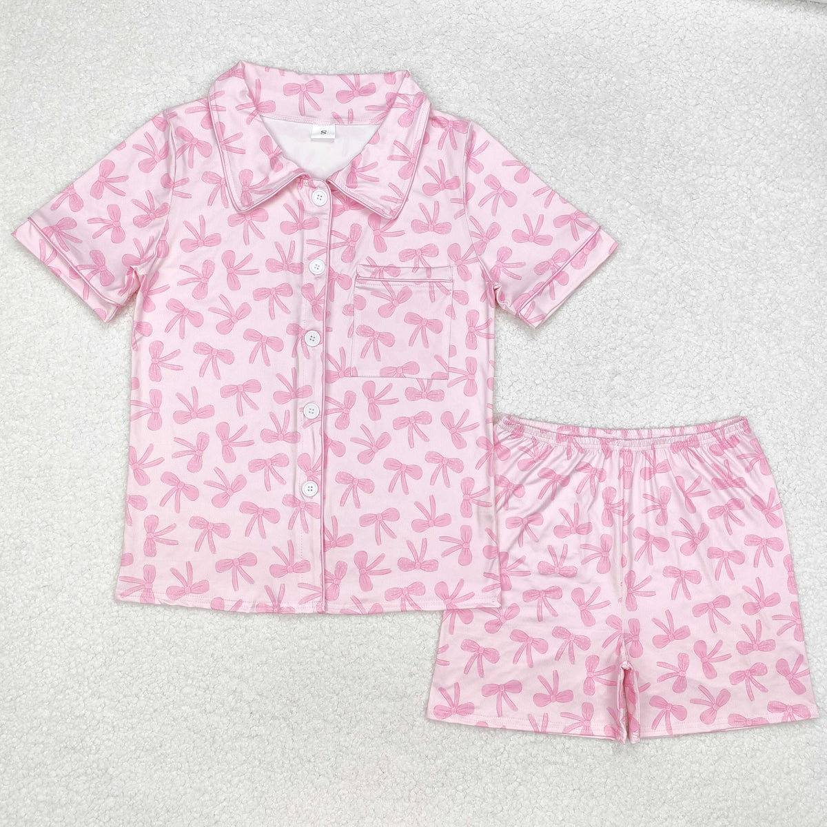 Sibling Adult Women Bows Flowers Pocket Buttons Tops Shorts Pajamas