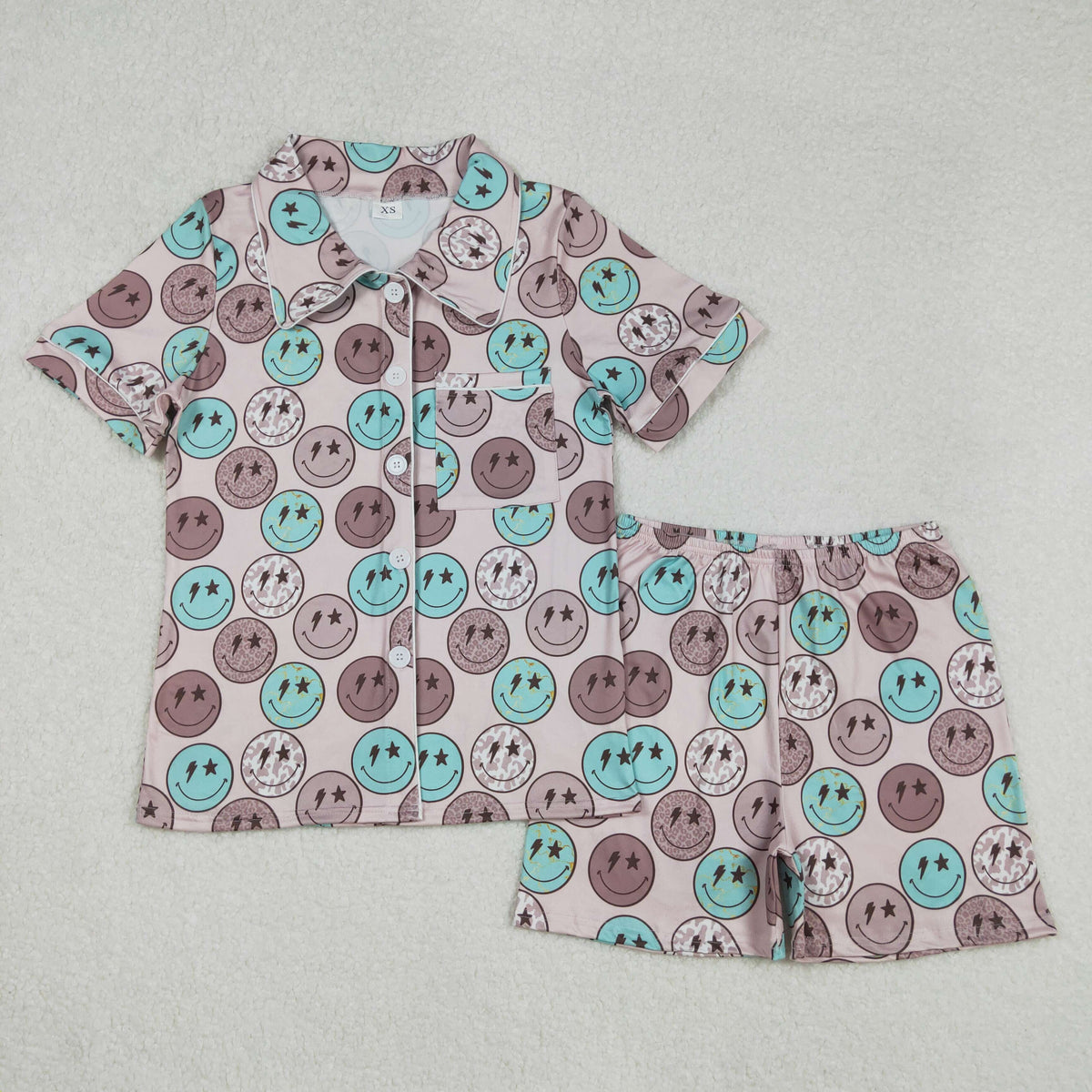 Sibling Adult Women Leopard Aztec Smiles Button Pockets Top Shorts Western Pajamas Set