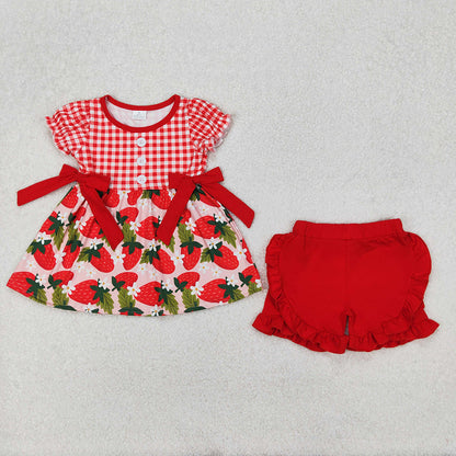 Sibling Baby Girls Red Checkered Strawberry Rompers Dresses Outfits