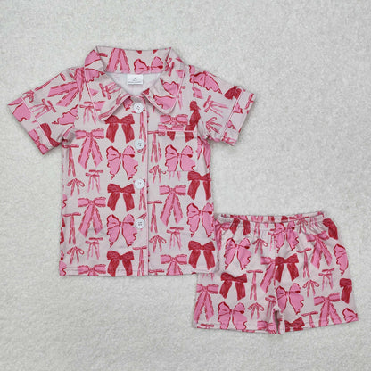 Sibling Baby Girls Pink Bows Plaid Button Pocket Shorts Pajamas Set Zipper Pullovers Top