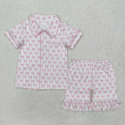 Sibling Baby Girls Colorful Bows Buttons Shirt Shorts Pajamas Clothes Sets