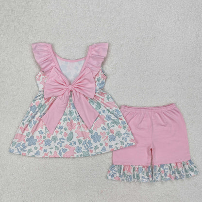 Sibling Baby Girls Sleeveless Floral Print Bow Tunic Ruffle Shorts Clothes Sets