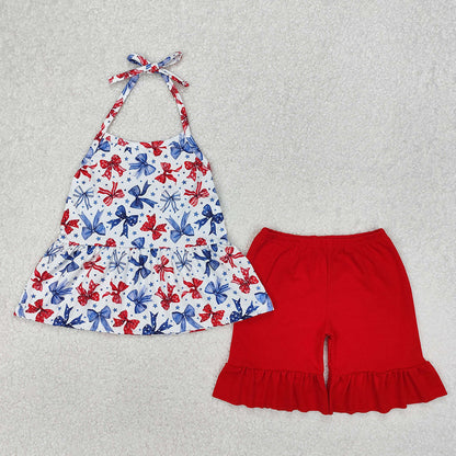 Sibling Baby Girls 4th of July Bows Halter Rompers Dresses