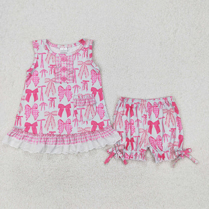 Sibling Baby Girls Pink Bows Rompers Outfits Sets
