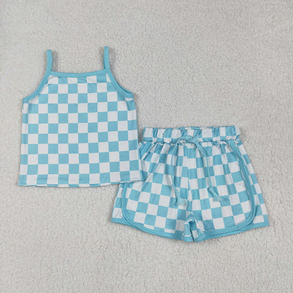 Sibling 4 Colors Baby Girls Strap Plaid Top Short Sports Sets