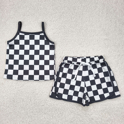 Sibling 4 Colors Baby Girls Strap Plaid Top Short Sports Sets