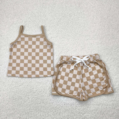Sibling Baby Girls Strap Plaid Top Short Sports Sets